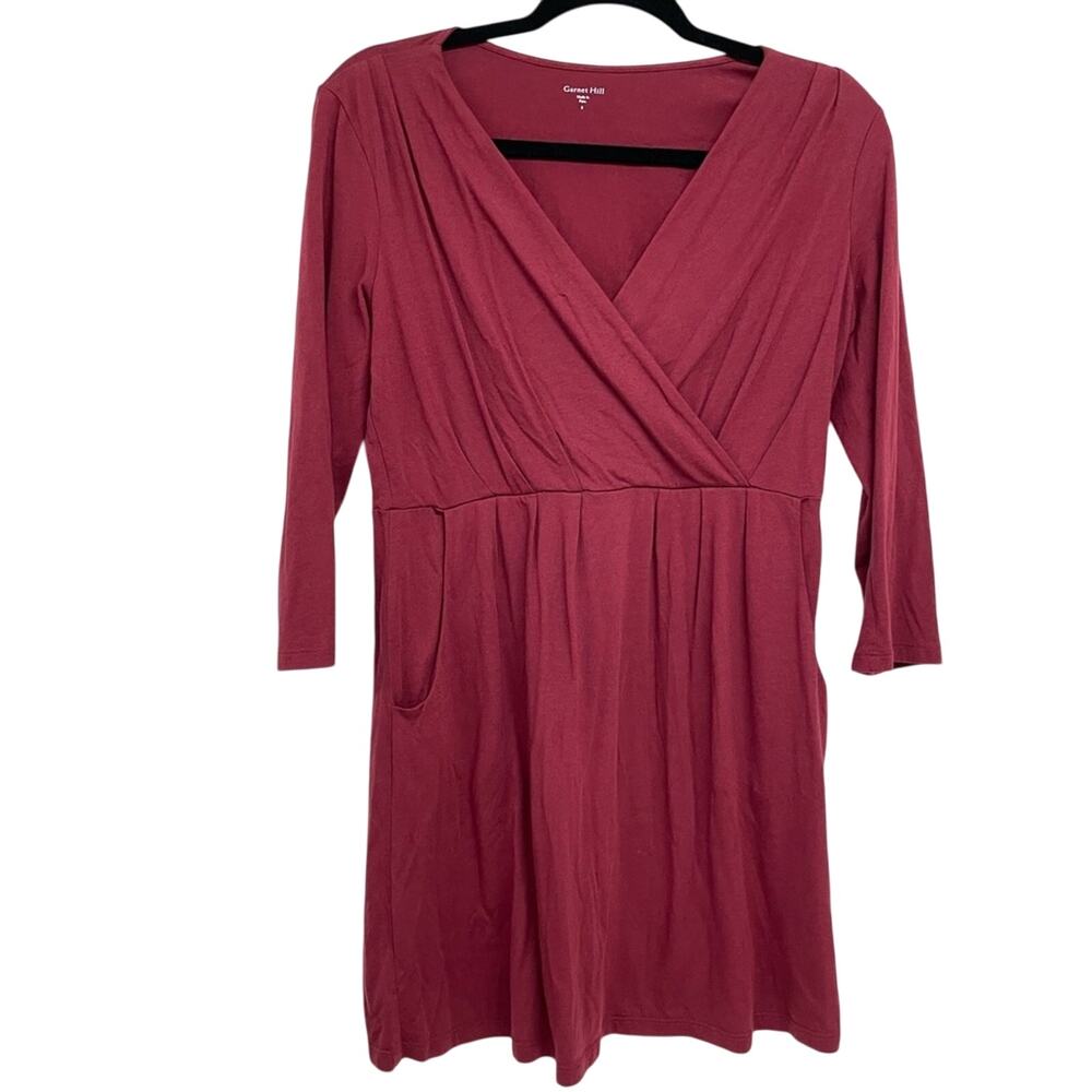 Garnet Hill Burgundy Fax Wrap Fit & Flare 3/4 Sleeve Mini Dress Womens S Casual